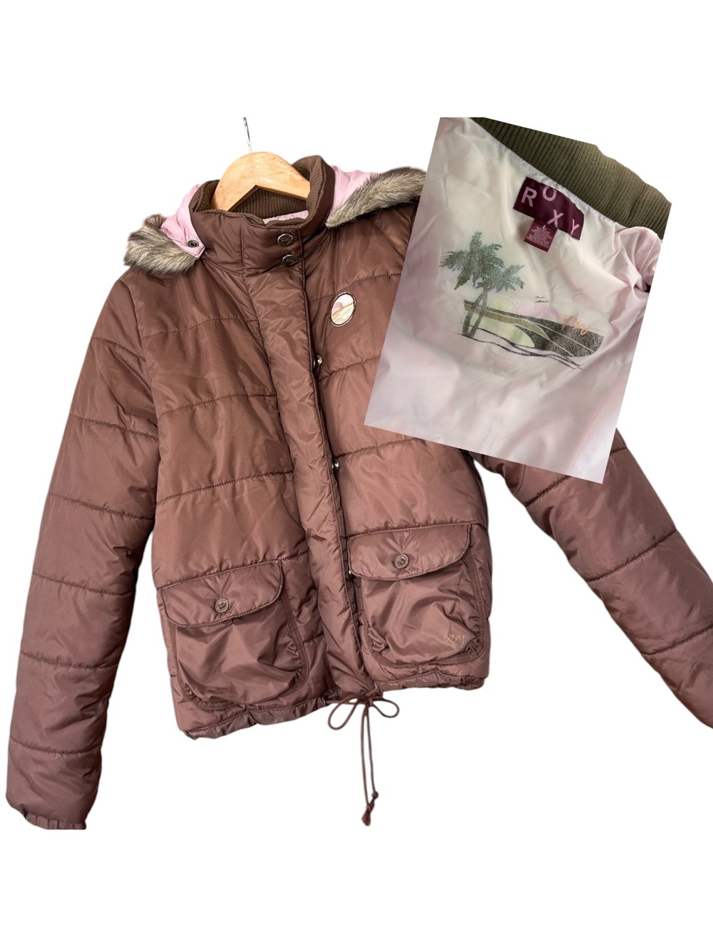Vintage Roxy Y2K Mauve/Pink Puffer Hood Jacket - Palm Tree Lining Large